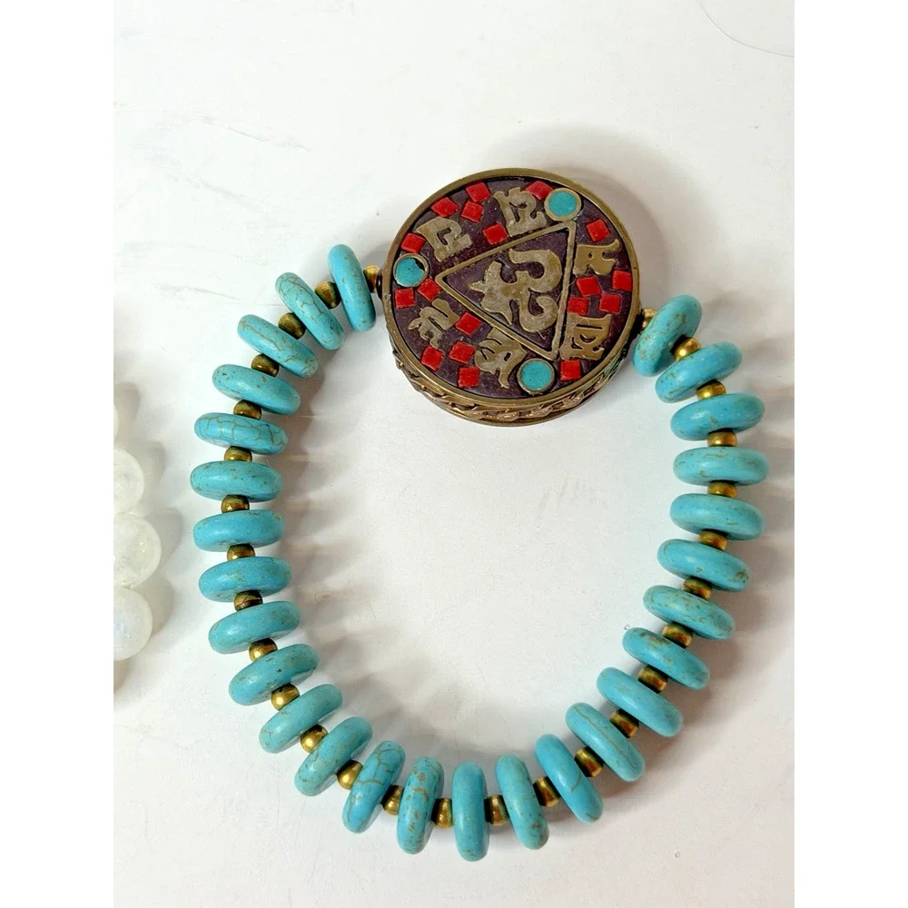 Nepalese Tibetan-Style Buddhist Om Pendant Turquoise Opalite Beaded Bracelet Set